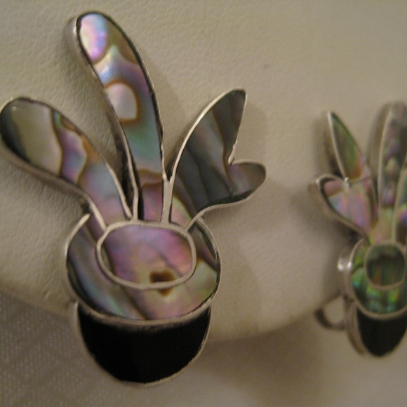 925 STERLING Abalone Mexican Earrings 1980s New - Picture 3 of 8